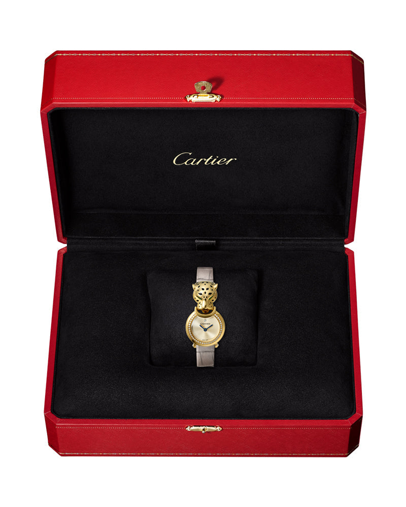 LA PANTHERE, 22 MM, QUARTZ, YELLOW GOLD, DIAMONDS, TSAVORITES, LACQUER, LEATHER
