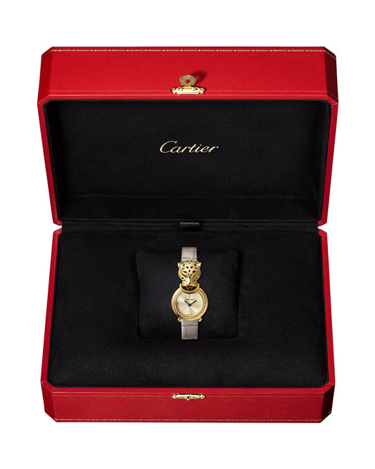 LA PANTHERE, 22 MM, QUARTZ, YELLOW GOLD, DIAMONDS, TSAVORITES, LACQUER, LEATHER