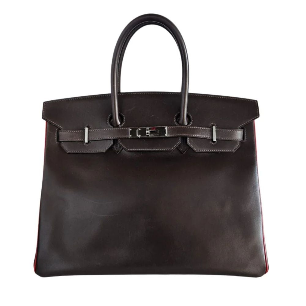 Hermès Birkin 35 Bicolor Box Leather Handbag - Ebene & Rouge VIF