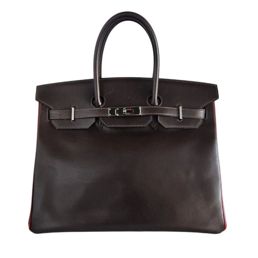 Hermès Birkin 35 Bicolor Box Leather Handbag - Ebene & Rouge VIF