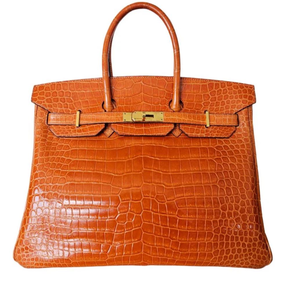 Hermès Birkin 35 Shiny Orange Porosus Crocodile Exotic Leather Handbag